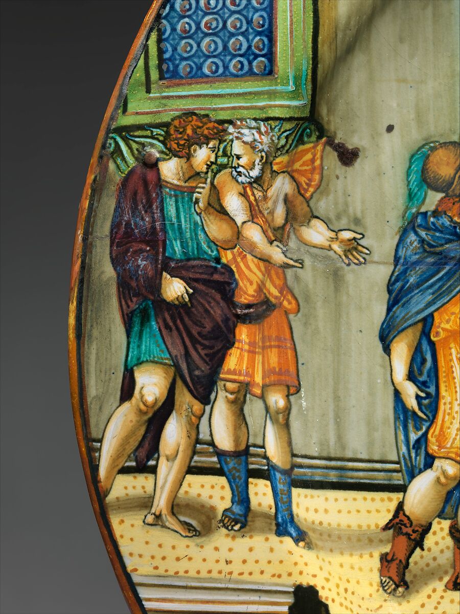 Dish with The Story of Semiramis, Fra Xanto Avelli da Rovigo (ca. 1486–1582), Maiolica (tin-glazed earthenware), lustered, Italian, Urbino with Gubbio or Urbino luster