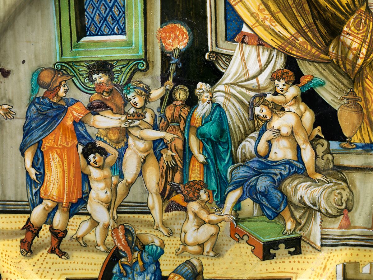 Dish with The Story of Semiramis, Fra Xanto Avelli da Rovigo (ca. 1486–1582), Maiolica (tin-glazed earthenware), lustered, Italian, Urbino with Gubbio or Urbino luster