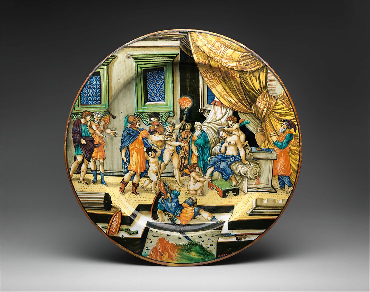 Dish with The Story of Semiramis, Fra Xanto Avelli da Rovigo (ca. 1486–1582), Maiolica (tin-glazed earthenware), lustered, Italian, Urbino with Gubbio or Urbino luster 