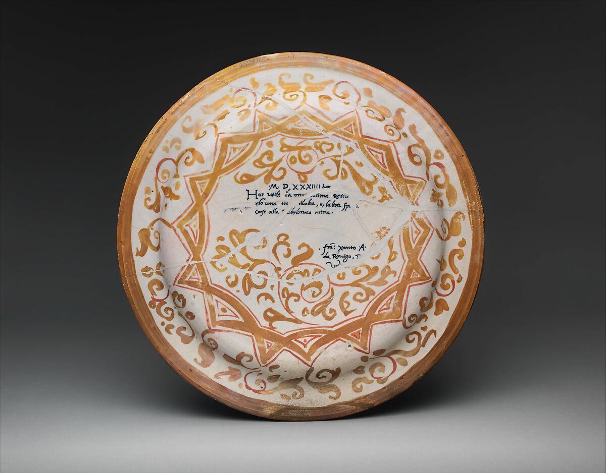 Dish with The Story of Semiramis, Fra Xanto Avelli da Rovigo (ca. 1486–1582), Maiolica (tin-glazed earthenware), lustered, Italian, Urbino with Gubbio or Urbino luster