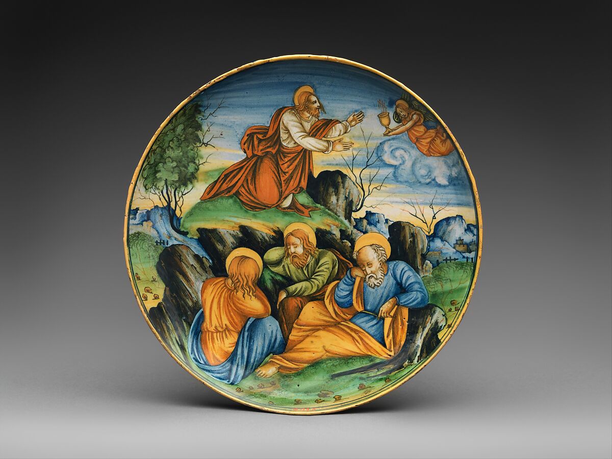 Shallow bowl with The Agony in the Garden, Baldassare Manara (Italian, Faenza, active first half 16th century) and/or associate, Maiolica (tin-glazed earthenware), Italian, Faenza 