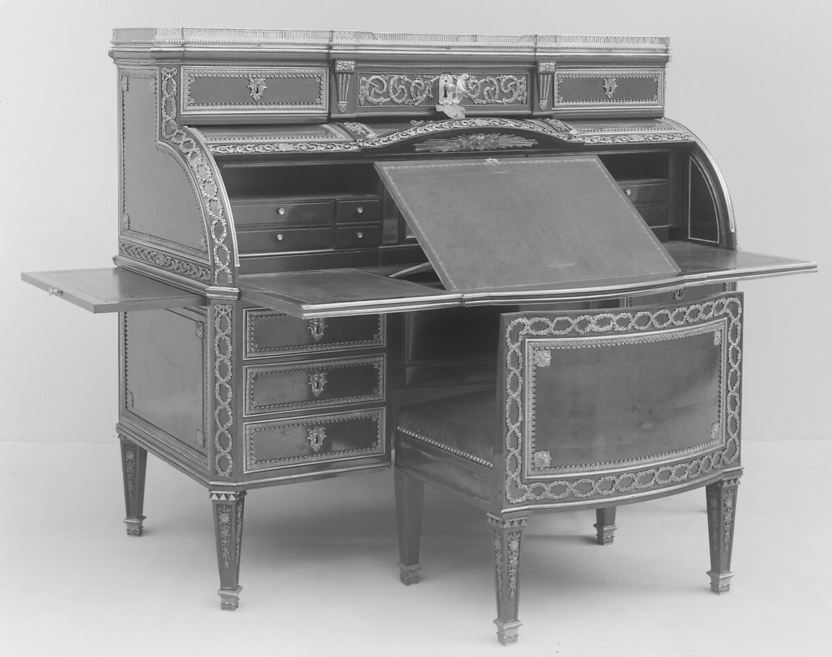 Cylinder-fall desk and chair, Mahogany and ebony, gilt-bronze mounts, French or German