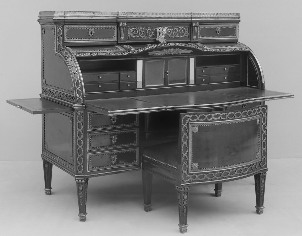 Cylinder-fall desk and chair, Mahogany and ebony, gilt-bronze mounts, French or German