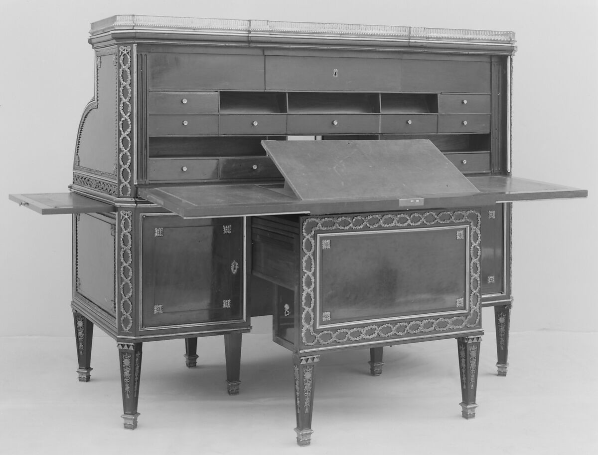 Cylinder-fall desk and chair, Mahogany and ebony, gilt-bronze mounts, French or German