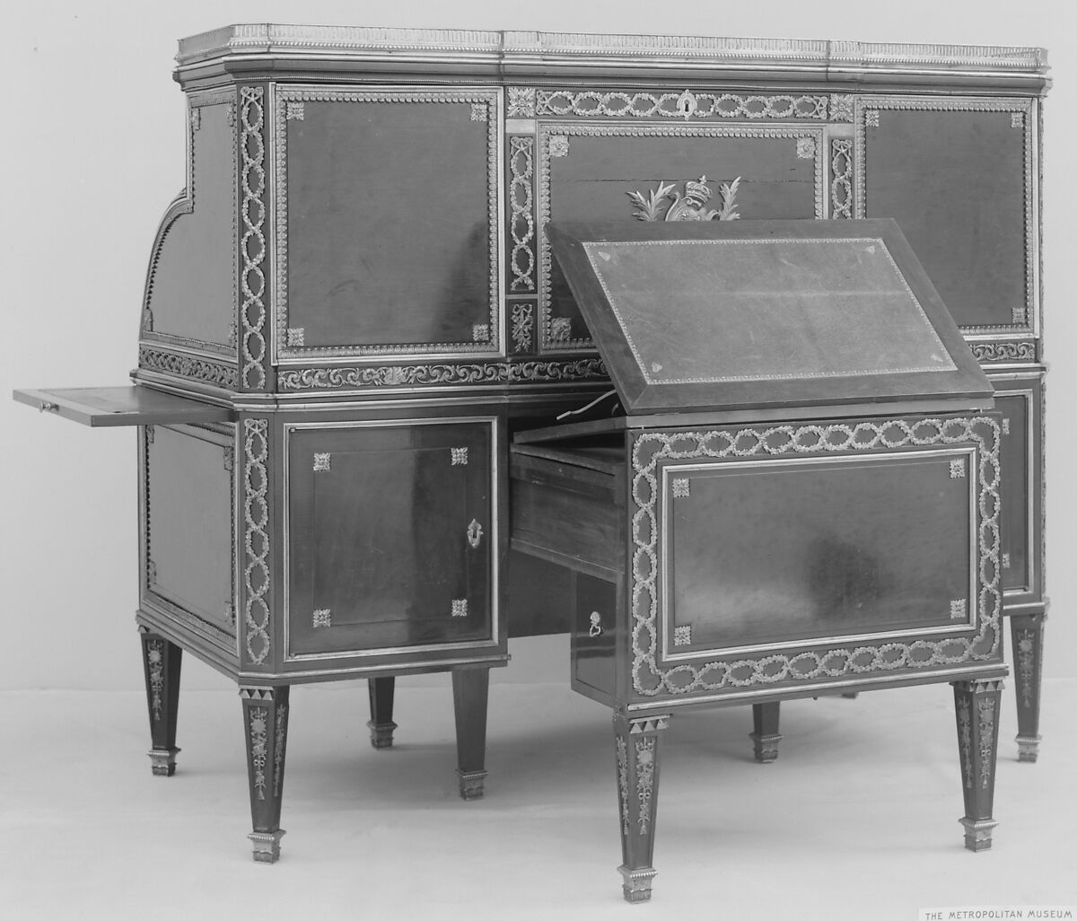 Cylinder-fall desk and chair, Mahogany and ebony, gilt-bronze mounts, French or German