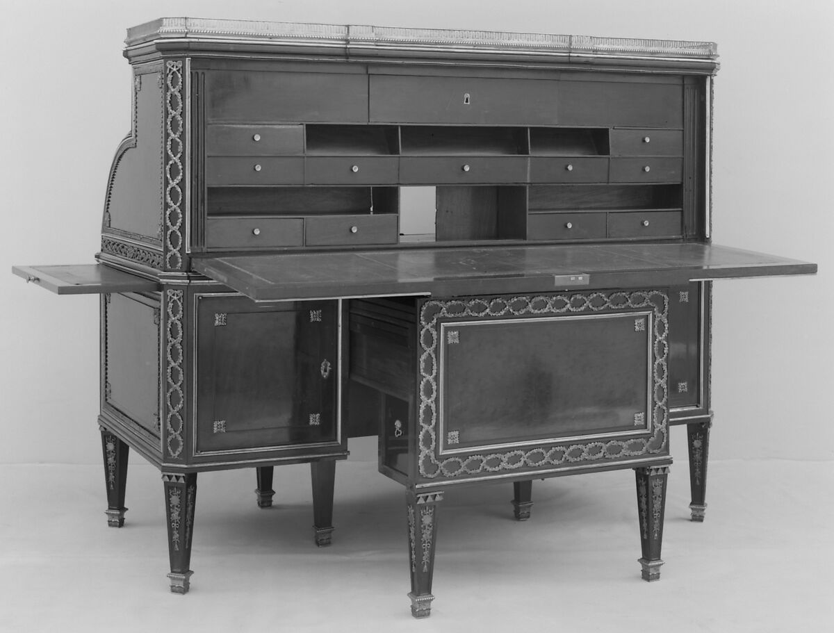 Cylinder-fall desk and chair, Mahogany and ebony, gilt-bronze mounts, French or German