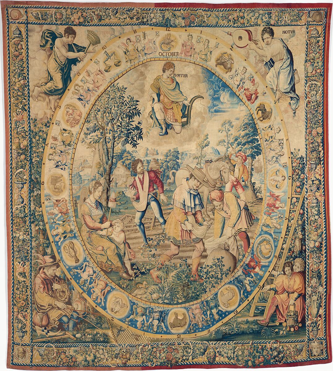 October from a set of Medallion Months, Bernard van Orley  Netherlandish, Wool, silk (20 warps per inch, 8 per cm.), Netherlandish, Brussels