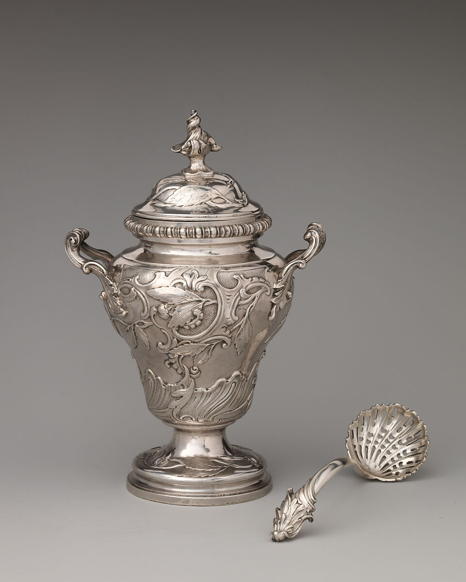 Tea caddy with spoon (one of a set of three), John Swift (British, active from 1728), Silver, British, London 