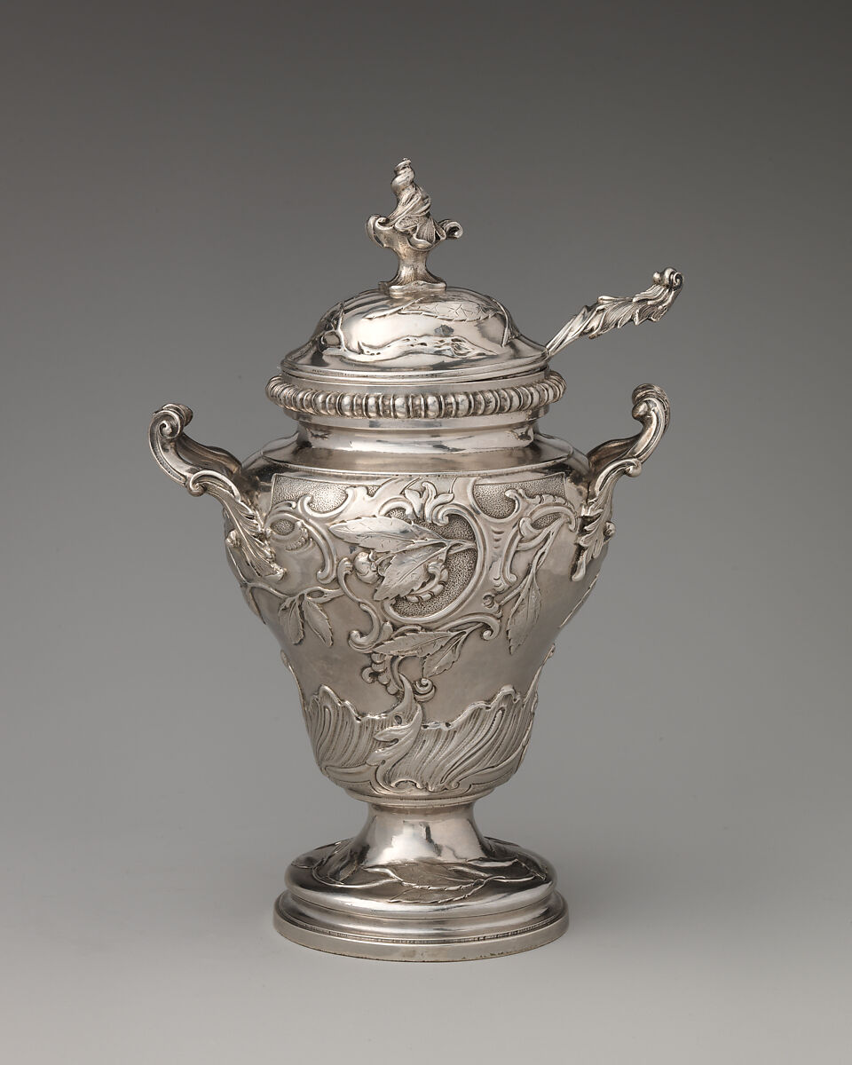 Tea caddy with spoon (one of a set of three), John Swift (British, active from 1728), Silver, British, London