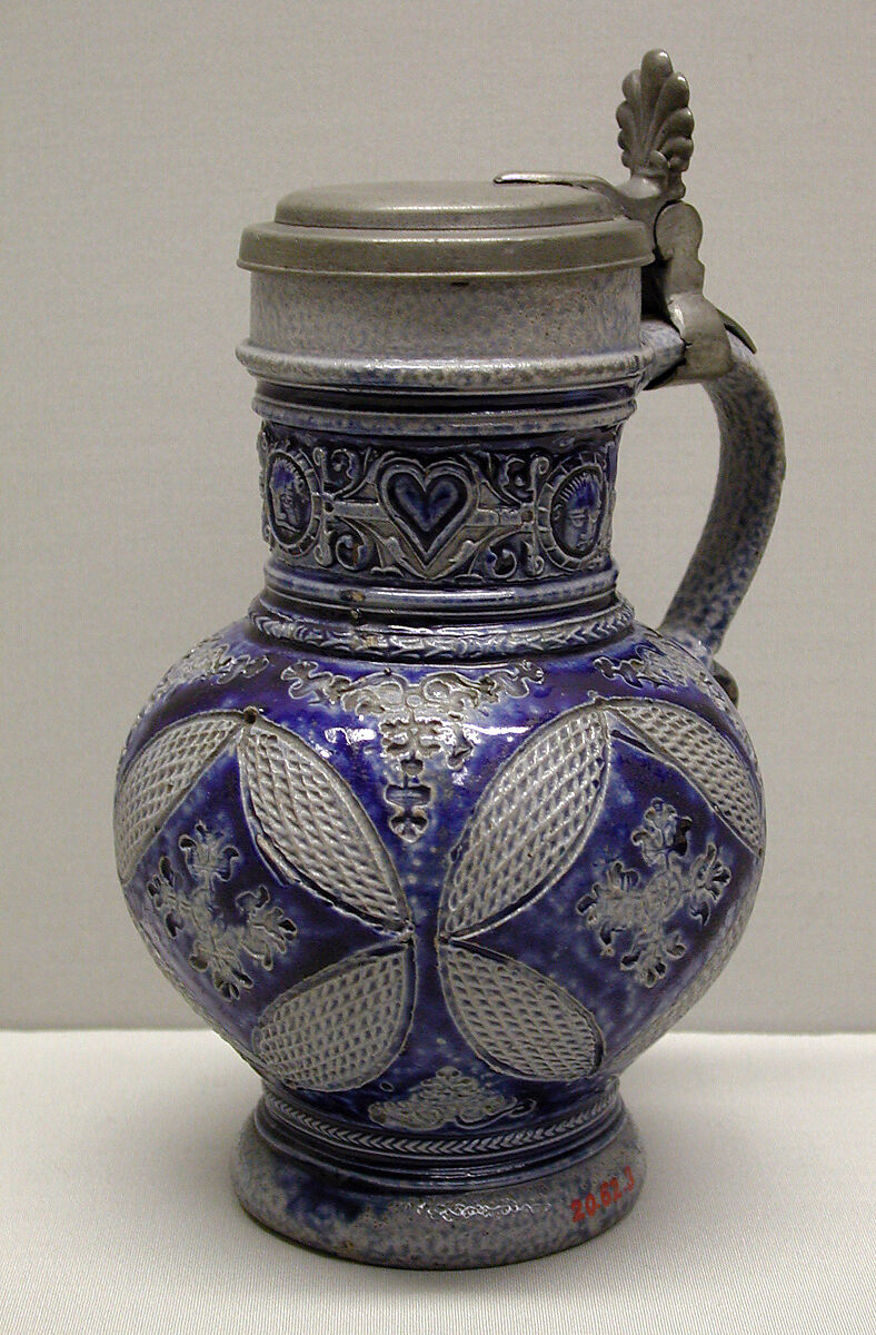 Flagon, Salt-glazed stoneware; pewter, German, Westerwald (Grenzhausen) 