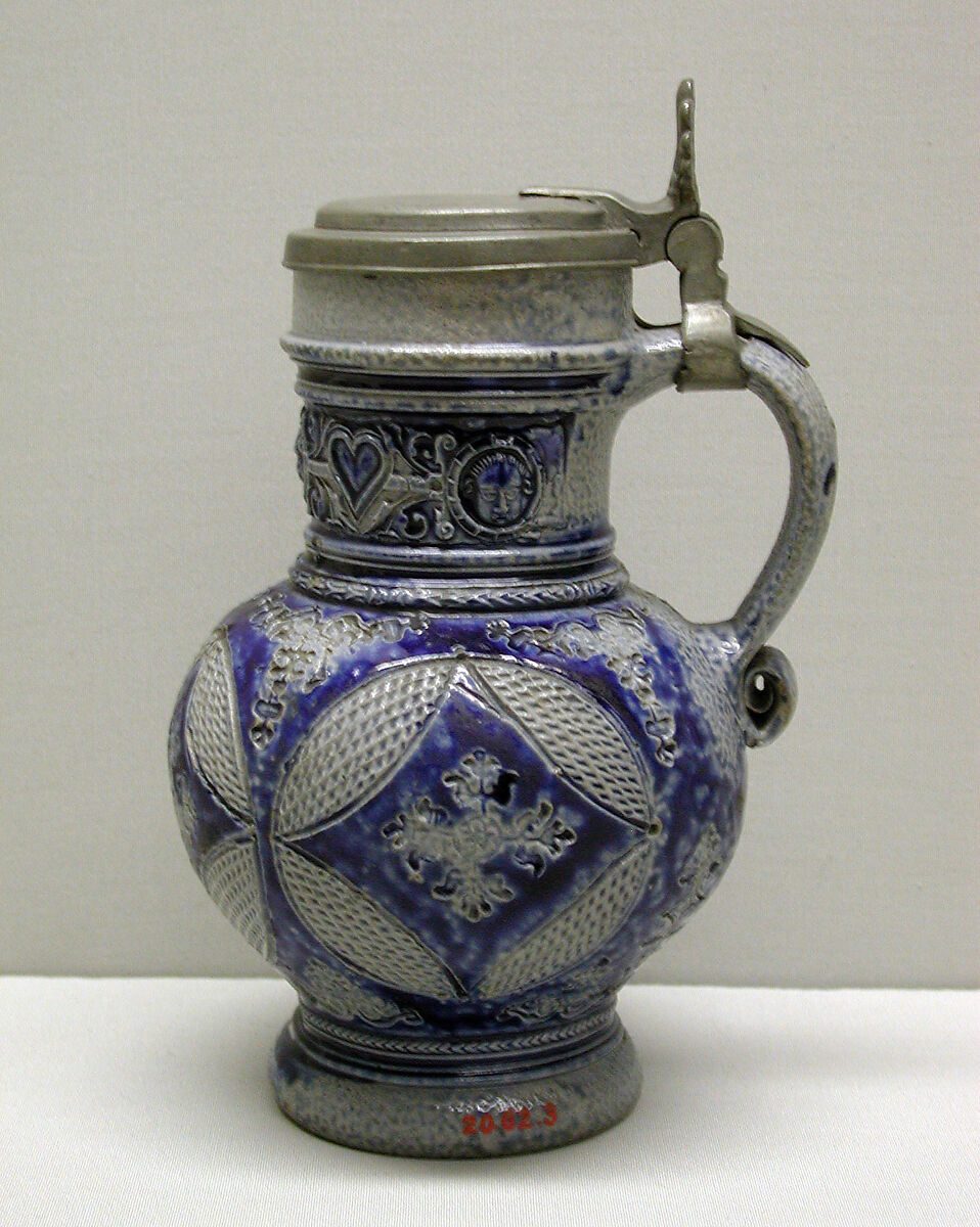 Flagon, Salt-glazed stoneware; pewter, German, Westerwald (Grenzhausen)