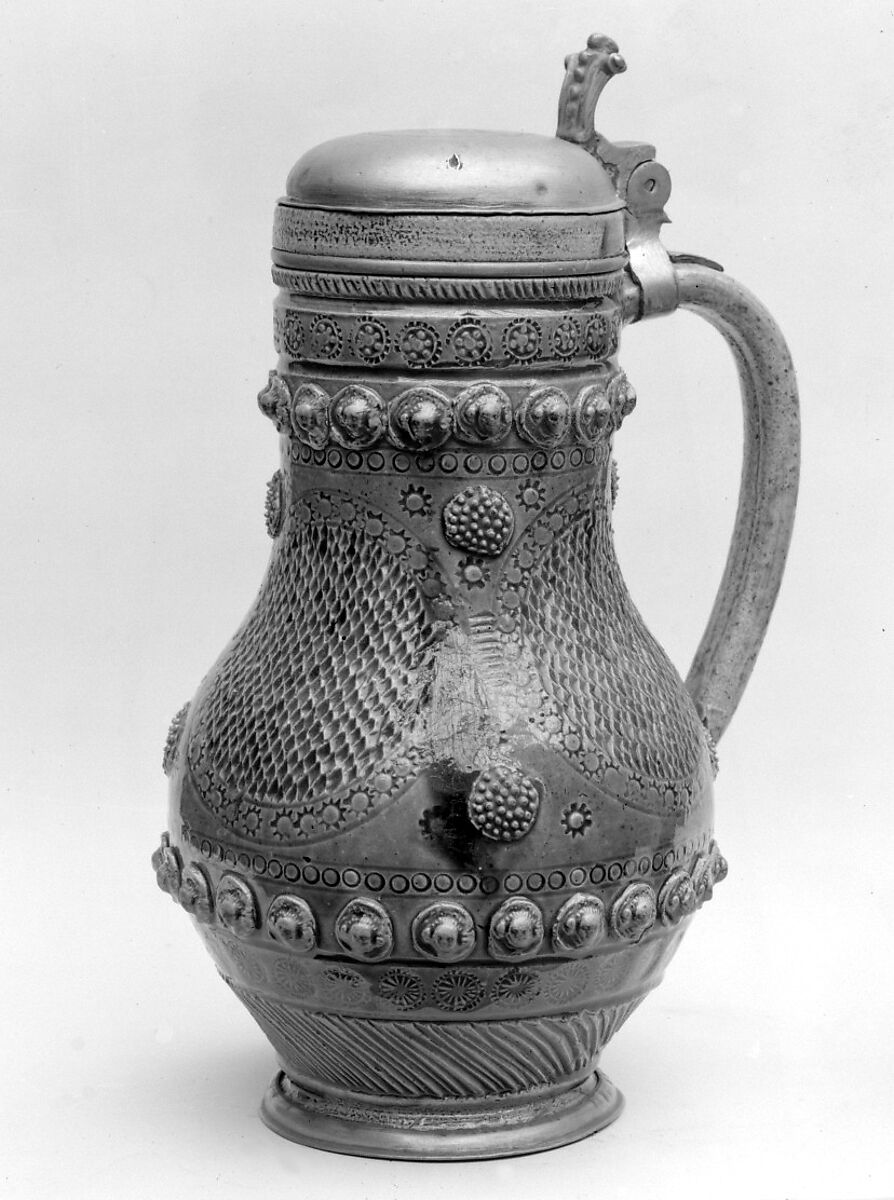 Tankard (Kanne), Salt-glazed stoneware; pewter, German, Muskau 