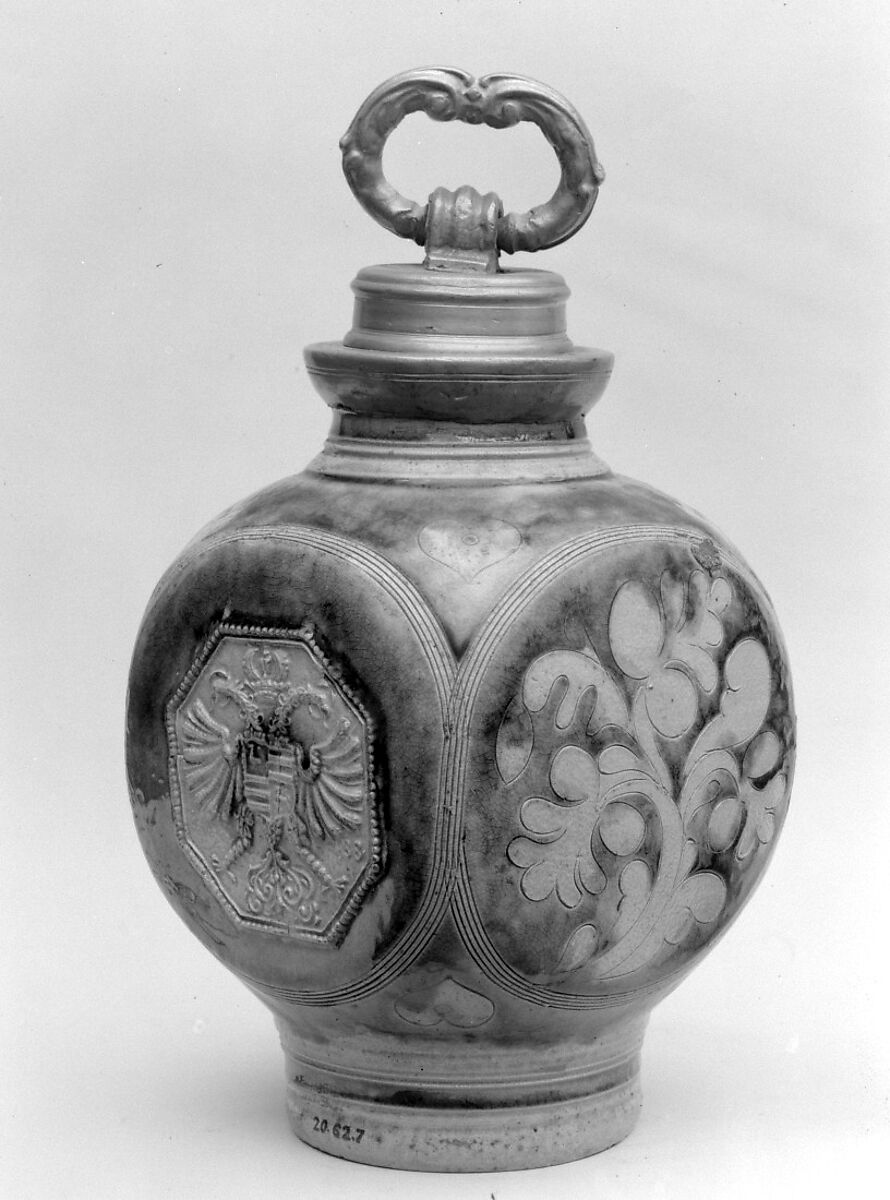 Bottle, Salt-glazed stoneware; pewter, German, Westerwald 