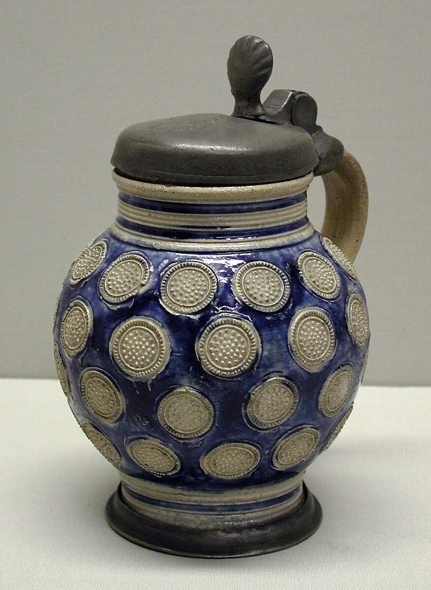 Tankard, Salt-glazed stoneware; pewter, German, Westerwald 