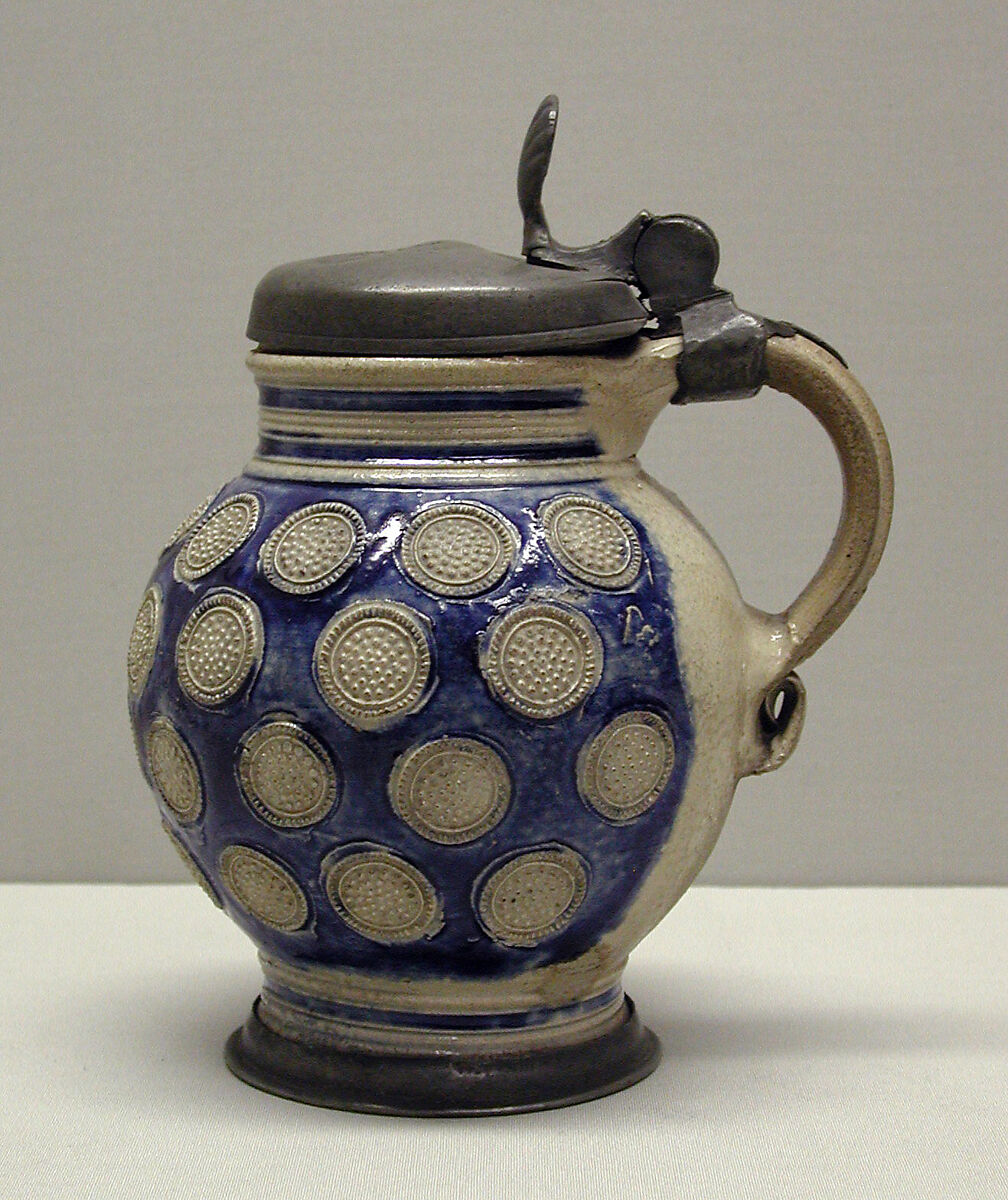 Tankard, Salt-glazed stoneware; pewter, German, Westerwald