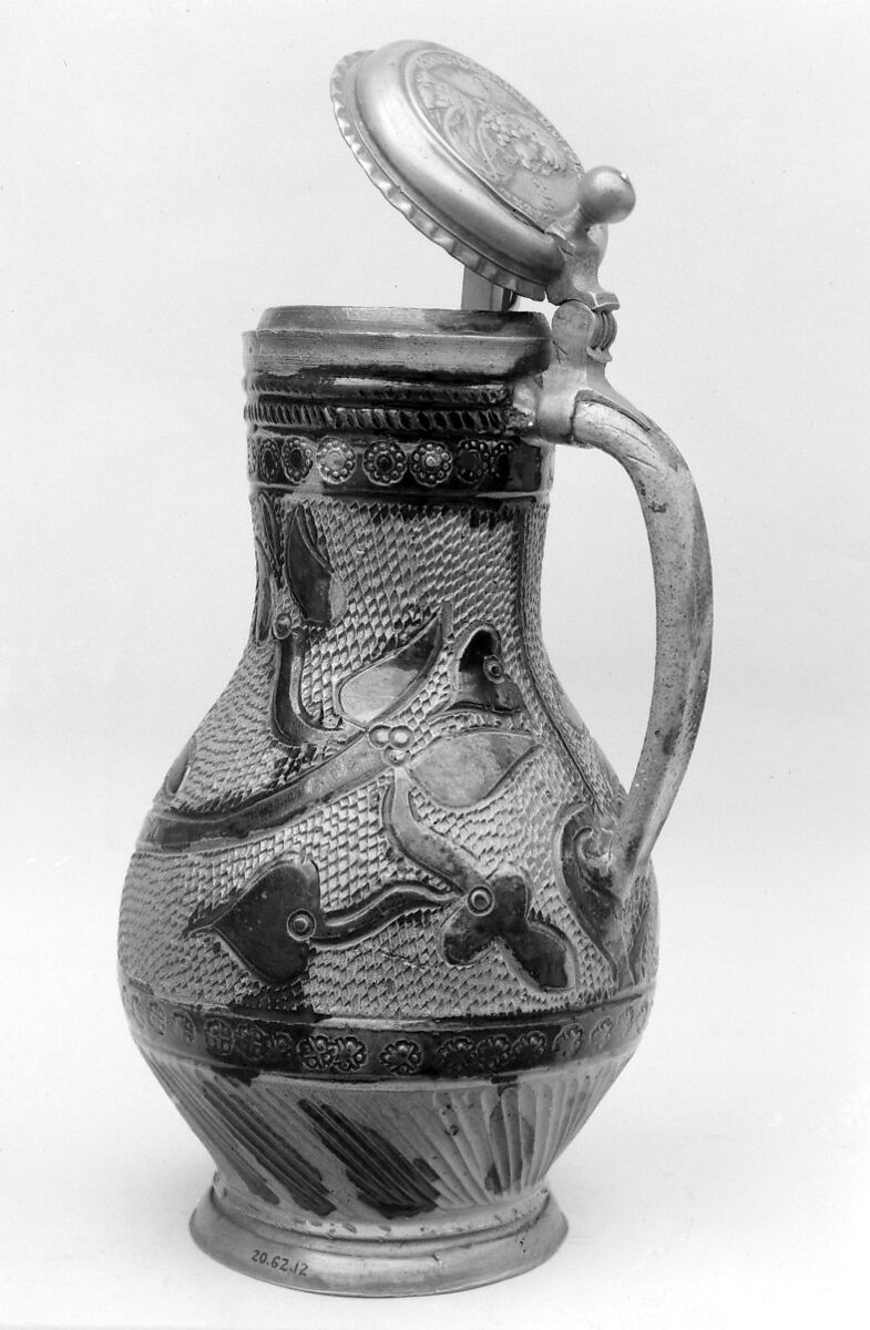 Tankard, Salt-glazed stoneware; pewter, probably German, Muskau 
