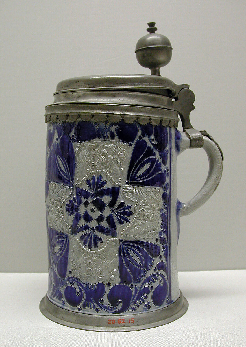 Tankard, Salt-glazed stoneware; pewter, German, Westerwald (Grenzhausen) 