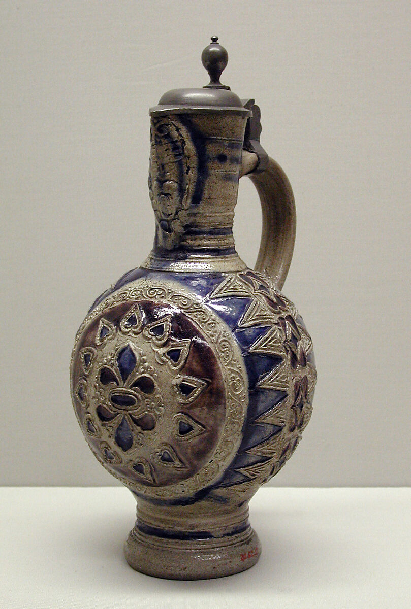 Jug, Salt-glazed stoneware; pewter, German, Westerwald (Grenzau or Grenzhausen) 