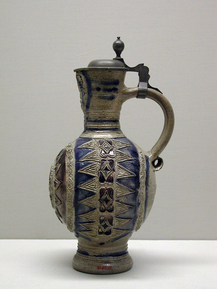 Jug, Salt-glazed stoneware; pewter, German, Westerwald (Grenzau or Grenzhausen)