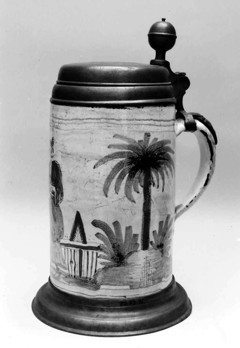 Tankard, Johann Gottlieb Menicus (active ca. 1733–56), Tin-glazed earthenware; pewter, German, Berlin 