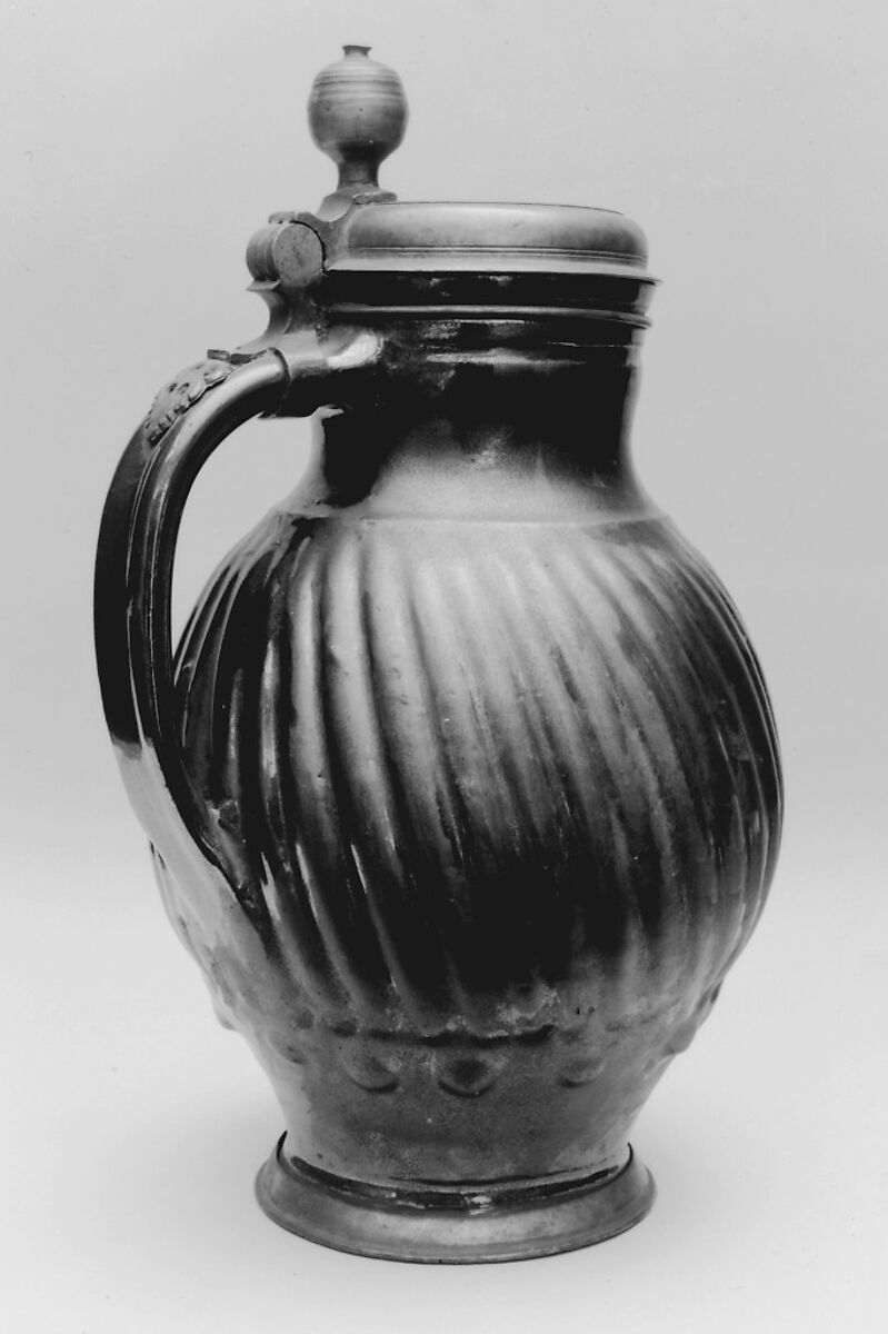 Tankard, Salt-glazed stoneware; pewter, German, Silesia (Bunzlau) 