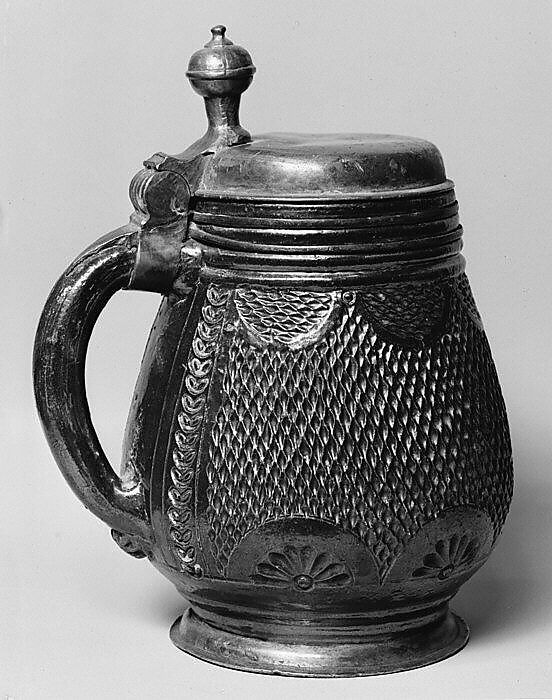 Tankard, Salt-glazed stoneware; pewter, German, Muskau 