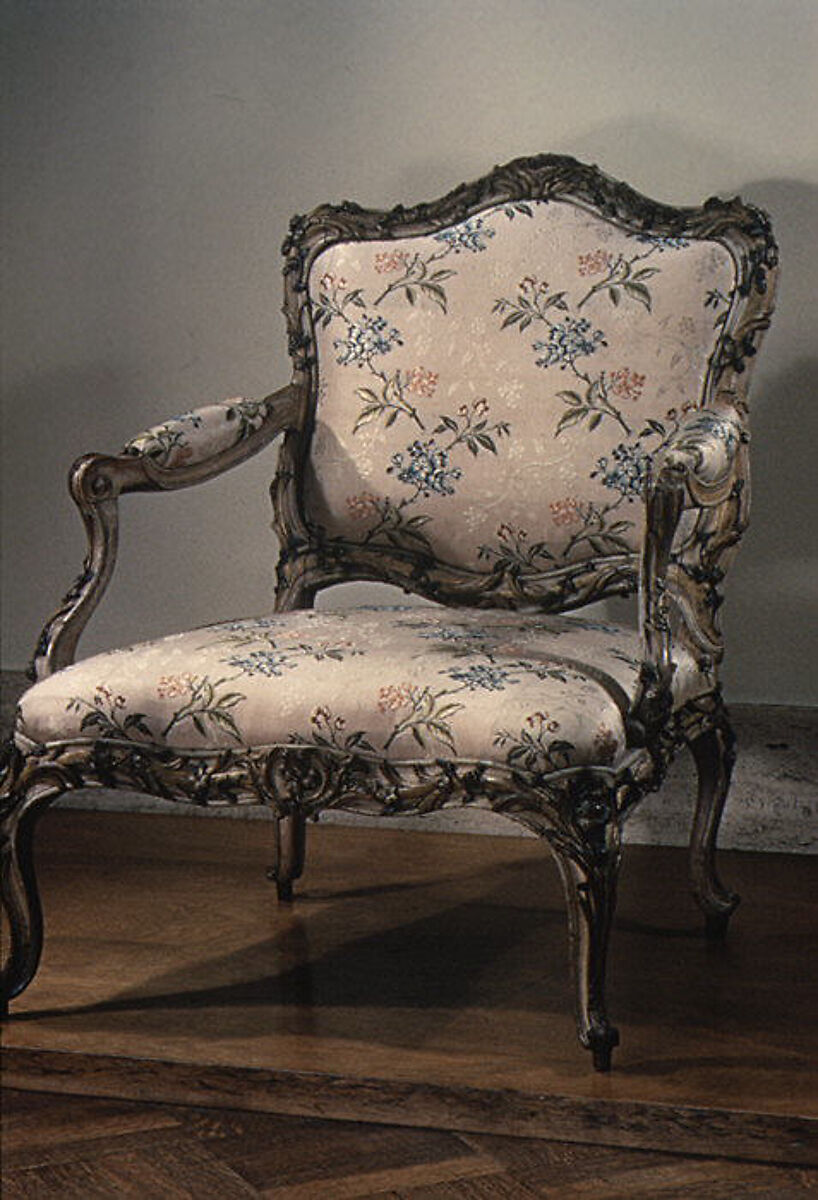 Armchair (fauteuil), Carved wood, painted and gilded; silk upholstery, French