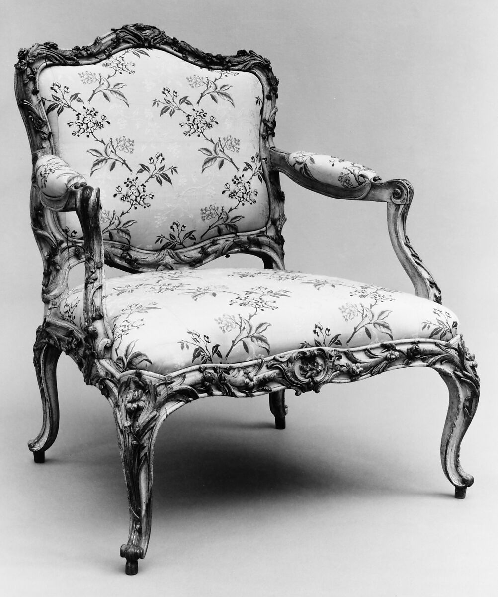 Armchair (fauteuil), Carved wood, painted and gilded; silk upholstery, French