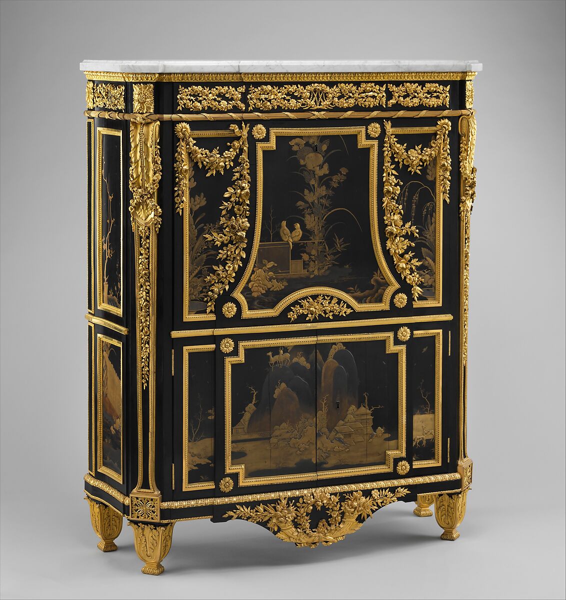 Drop-front secretary (Secrétaire en armoire), Jean Henri Riesener (French, Gladbeck, North Rhine-Westphalia 1734–1806 Paris), Oak veneered with ebony and 17th-century Japanese lacquer; interiors veneered with tulipwood, amaranth, holly, and ebonized holly; gilt-bronze mounts; marble top; velvet (not original), French, Paris 