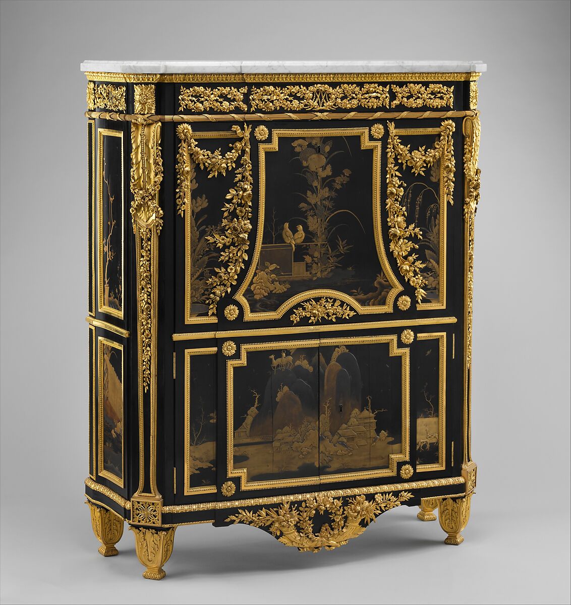 Drop-front secretary (Secrétaire en armoire), Jean Henri Riesener  French, Oak veneered with ebony and 17th-century Japanese lacquer; interiors veneered with tulipwood, amaranth, holly, and ebonized holly; gilt-bronze mounts; marble top; velvet (not original), French, Paris