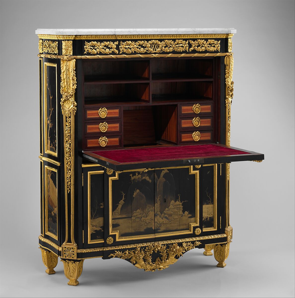 Drop-front secretary (Secrétaire en armoire), Jean Henri Riesener (French, Gladbeck, North Rhine-Westphalia 1734–1806 Paris), Oak veneered with ebony and 17th-century Japanese lacquer; interiors veneered with tulipwood, amaranth, holly, and ebonized holly; gilt-bronze mounts; marble top; velvet (not original), French, Paris