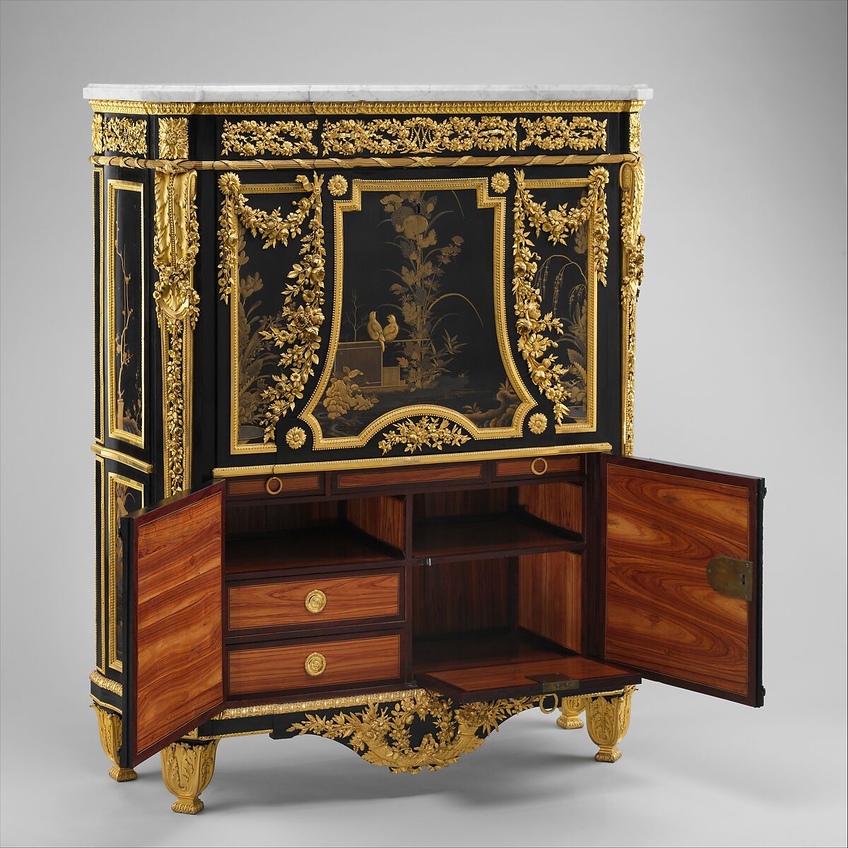Drop-front secretary (Secrétaire en armoire), Jean Henri Riesener (French, Gladbeck, North Rhine-Westphalia 1734–1806 Paris), Oak veneered with ebony and 17th-century Japanese lacquer; interiors veneered with tulipwood, amaranth, holly, and ebonized holly; gilt-bronze mounts; marble top; velvet (not original), French, Paris