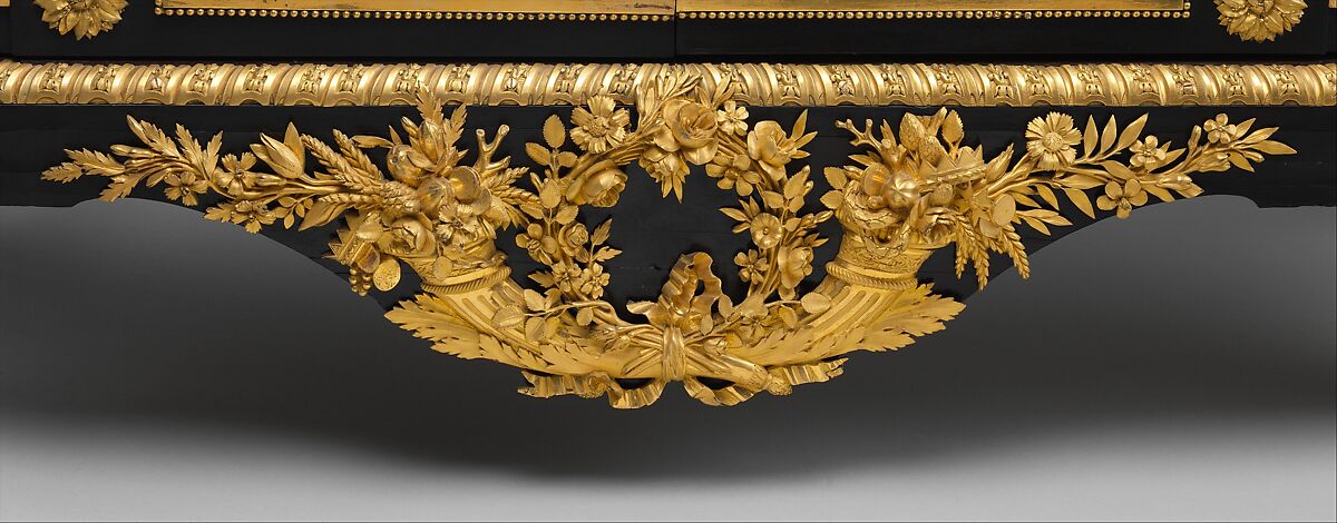 Drop-front secretary (Secrétaire en armoire), Jean Henri Riesener (French, Gladbeck, North Rhine-Westphalia 1734–1806 Paris), Oak veneered with ebony and 17th-century Japanese lacquer; interiors veneered with tulipwood, amaranth, holly, and ebonized holly; gilt-bronze mounts; marble top; velvet (not original), French, Paris