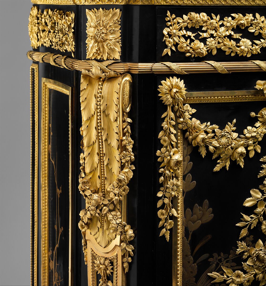 Drop-front secretary (Secrétaire en armoire), Jean Henri Riesener (French, Gladbeck, North Rhine-Westphalia 1734–1806 Paris), Oak veneered with ebony and 17th-century Japanese lacquer; interiors veneered with tulipwood, amaranth, holly, and ebonized holly; gilt-bronze mounts; marble top; velvet (not original), French, Paris
