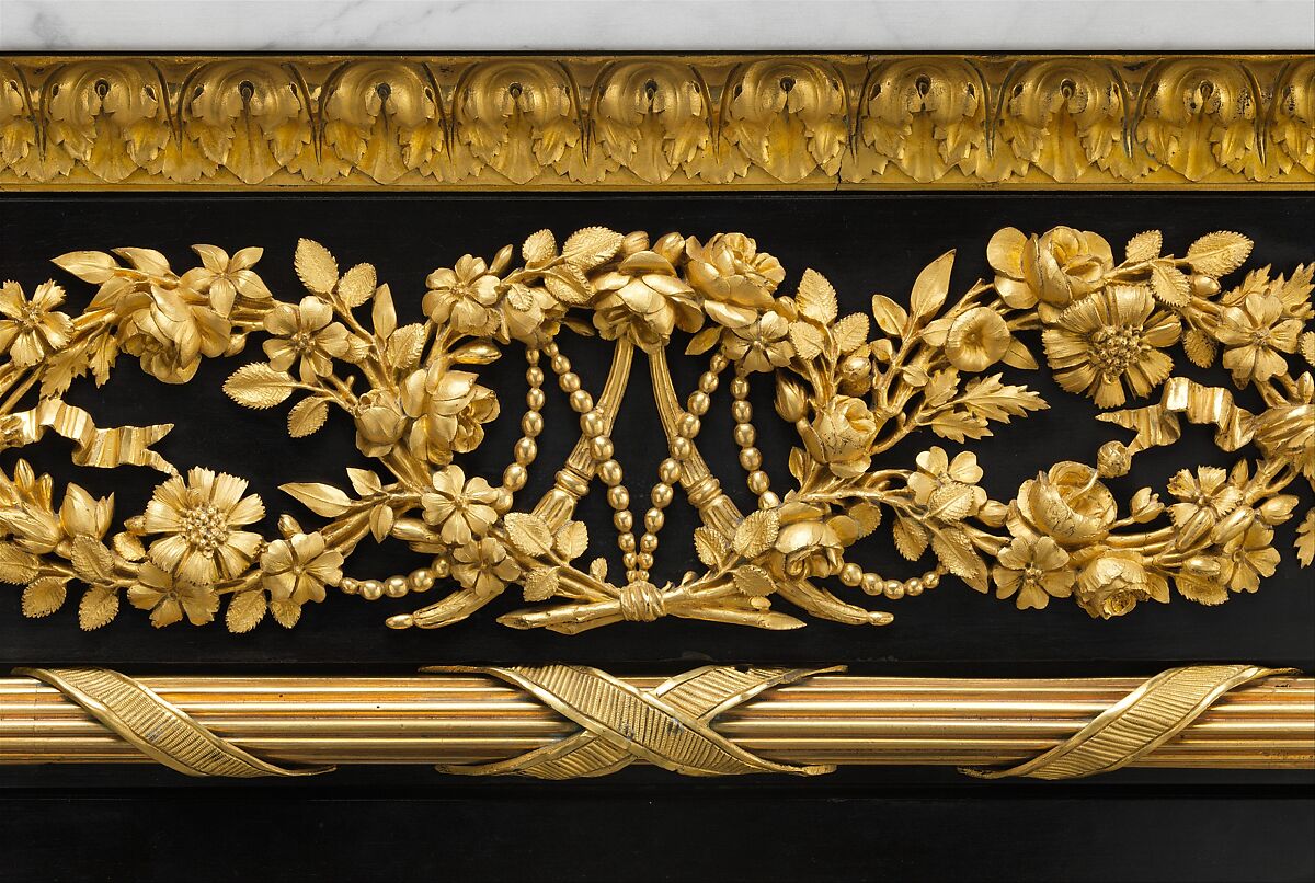 Drop-front secretary (Secrétaire en armoire), Jean Henri Riesener (French, Gladbeck, North Rhine-Westphalia 1734–1806 Paris), Oak veneered with ebony and 17th-century Japanese lacquer; interiors veneered with tulipwood, amaranth, holly, and ebonized holly; gilt-bronze mounts; marble top; velvet (not original), French, Paris