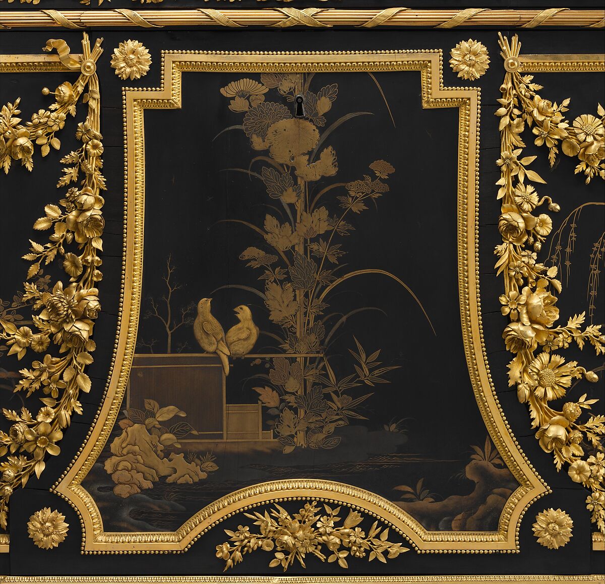 Drop-front secretary (Secrétaire en armoire), Jean Henri Riesener (French, Gladbeck, North Rhine-Westphalia 1734–1806 Paris), Oak veneered with ebony and 17th-century Japanese lacquer; interiors veneered with tulipwood, amaranth, holly, and ebonized holly; gilt-bronze mounts; marble top; velvet (not original), French, Paris