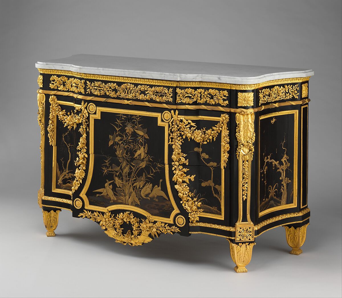 Commode (Secrétaire à abattant), Jean Henri Riesener  French, Oak veneered with ebony and 17th-century Japanese lacquer; interiors veneered with tulipwood, amaranth, holly, and ebonized holly; gilt-bronze mounts; marble top; velvet (not original), French, Paris