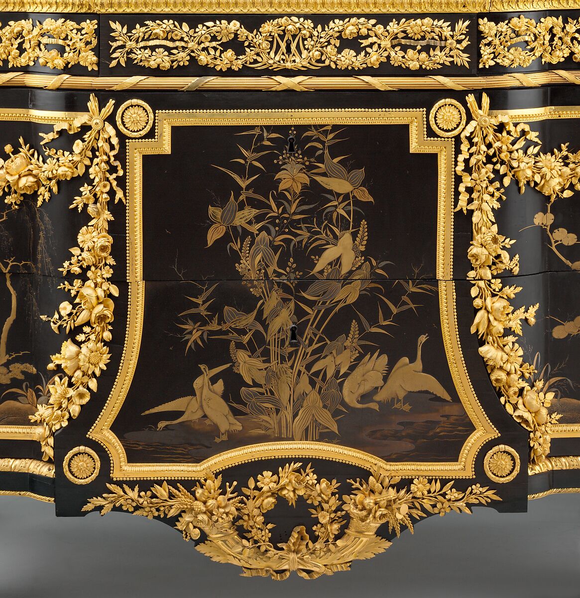 Commode (Secrétaire à abattant), Jean Henri Riesener (French, Gladbeck, North Rhine-Westphalia 1734–1806 Paris), Oak veneered with ebony and 17th-century Japanese lacquer; interiors veneered with tulipwood, amaranth, holly, and ebonized holly; gilt-bronze mounts; marble top; velvet (not original), French, Paris