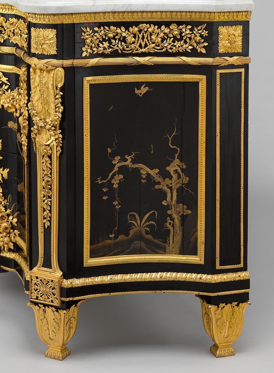 Commode (Secrétaire à abattant), Jean Henri Riesener (French, Gladbeck, North Rhine-Westphalia 1734–1806 Paris), Oak veneered with ebony and 17th-century Japanese lacquer; interiors veneered with tulipwood, amaranth, holly, and ebonized holly; gilt-bronze mounts; marble top; velvet (not original), French, Paris
