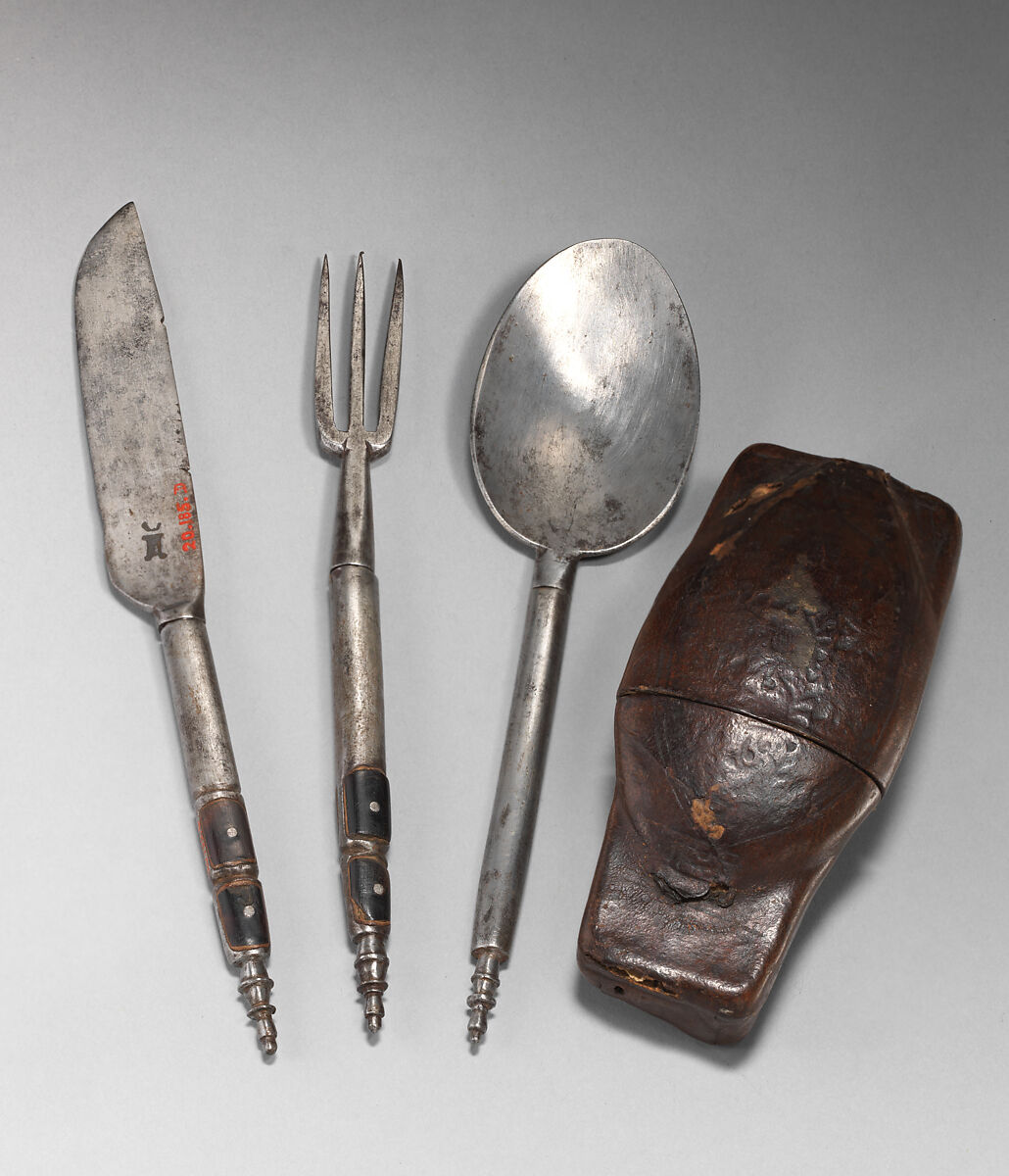 Knife, fork, and spoon in traveling case, Steel (?), tortoiseshell; leather case, Spanish 