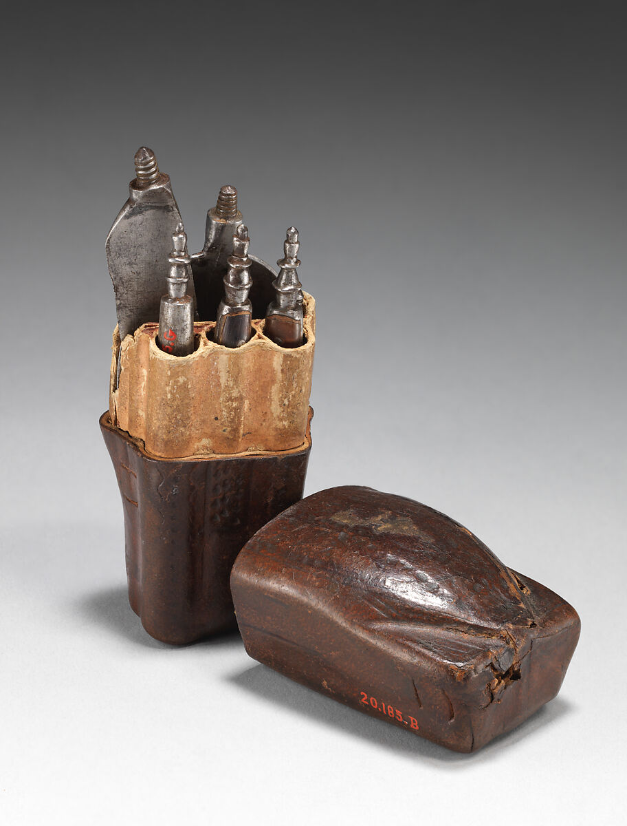 Knife, fork, and spoon in traveling case, Steel (?), tortoiseshell; leather case, Spanish