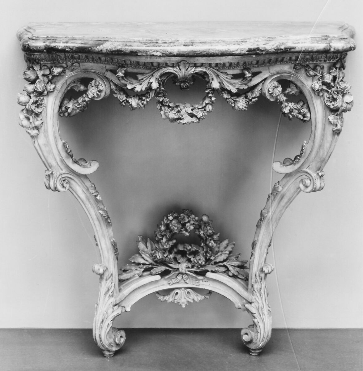 Console table, Style of Jean-Baptiste Joseph Delafosse (French, Paris 1721–1806 Paris), Carved and painted wood; marble, French 