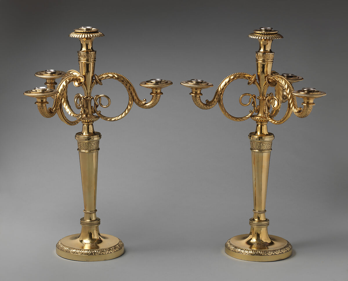 Pair of candelabra bearing the arms of the Duke of York (1763–1827), Henri Auguste  French, Silver, French, Paris