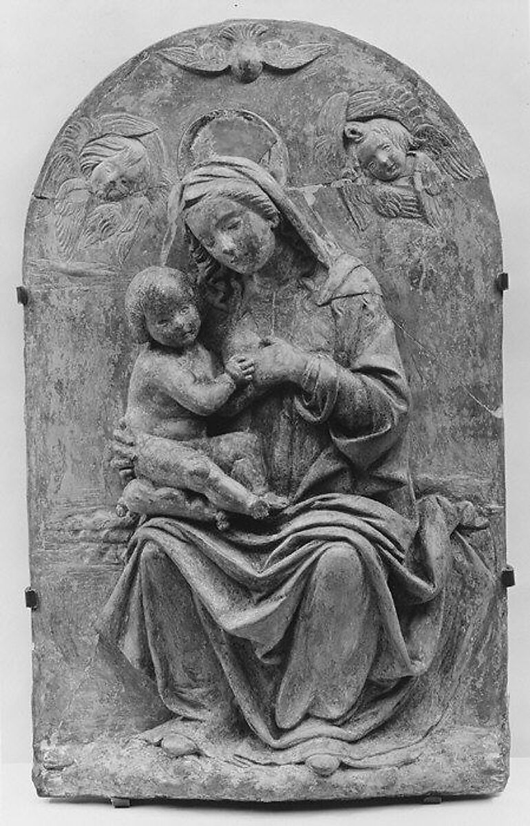 Madonna and Child, Relief: terracotta, with remains of polychromy; frame: walnut (?), possibly Italian, Florence