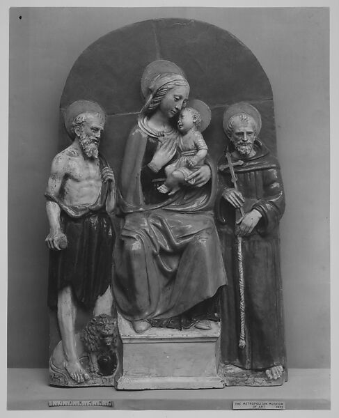 Virgin and Child with Saint Jerome and Saint Francis, Imitator of Benedetto Buglioni (Italian, Florence 1459/60–1521 Florence), Enamelled terracotta, Italian 