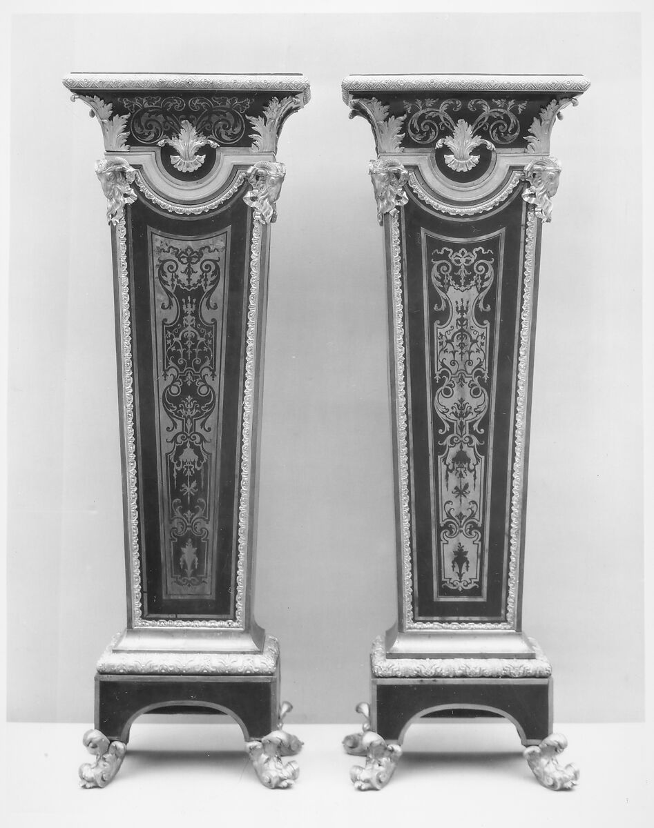 Pair of pedestals (gaînes), Style of André Charles Boulle (French, Paris 1642–1732 Paris), Ebony, brass, gilt bronze, French 