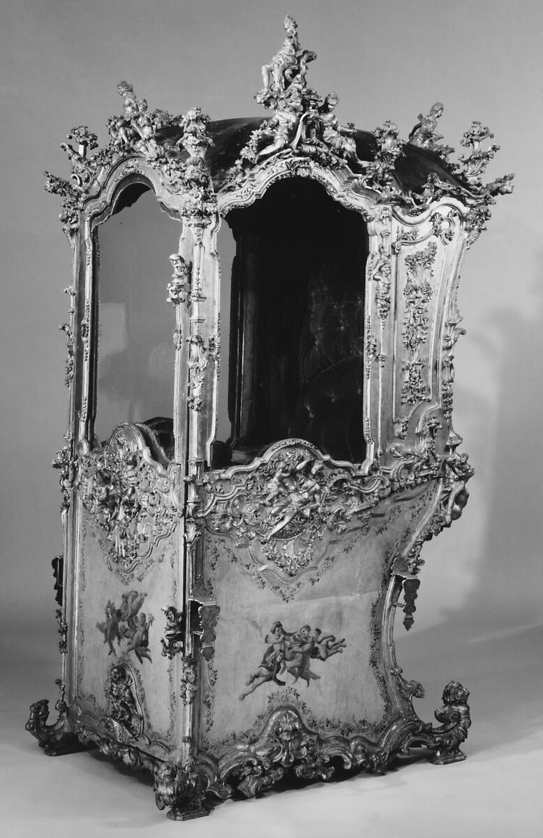 Sedan chair, Carved and gilded poplar and lindenwood; gilt-bronze mounts; leather, velvet, Italian