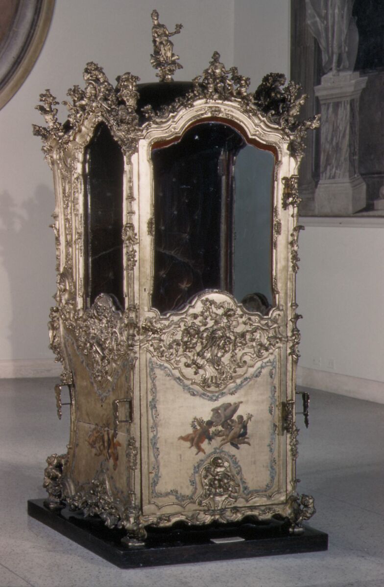 Sedan chair, Carved and gilded poplar and lindenwood; gilt-bronze mounts; leather, velvet, Italian 