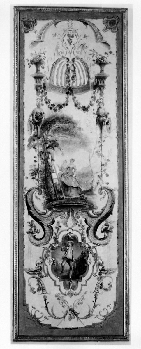 September and October (part of a set illustrating the months of the year), Follower of Antoine Watteau (French, Valenciennes 1684–1721 Nogent-sur-Marne), Oil on canvas; wood frame, painted yellow and gilded, French