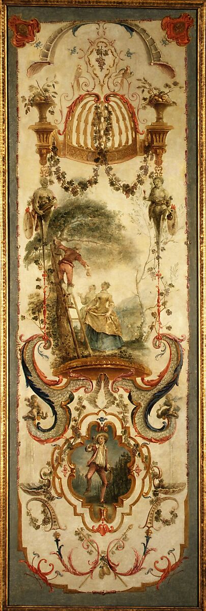 September and October (part of a set illustrating the months of the year), Follower of Antoine Watteau (French, Valenciennes 1684–1721 Nogent-sur-Marne), Oil on canvas; wood frame, painted yellow and gilded, French 